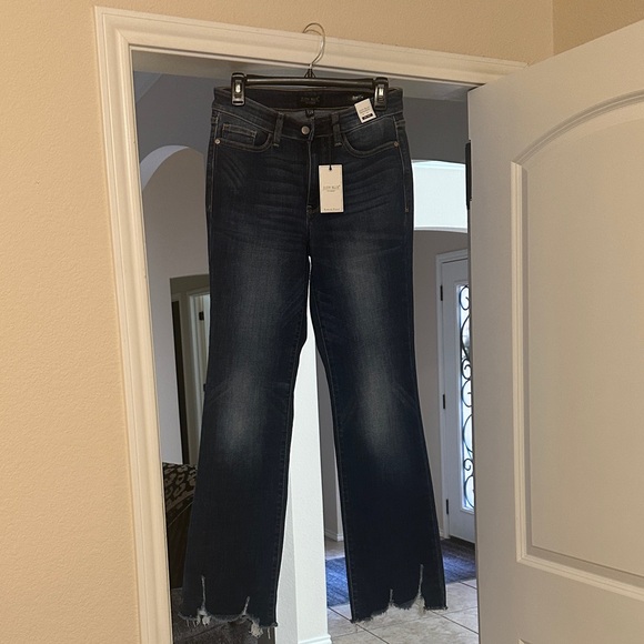 Judy Blue mid rise Dark Indigo Flare Jeans with Frayed Hem - Picture 1 of 5